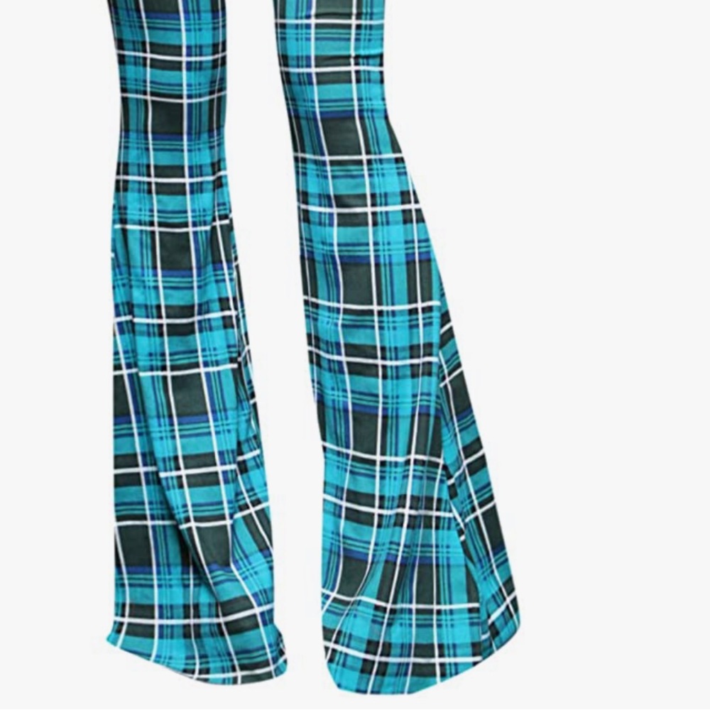 Women’s Blue Plaid Flare Pants - Stylish Boot Cut